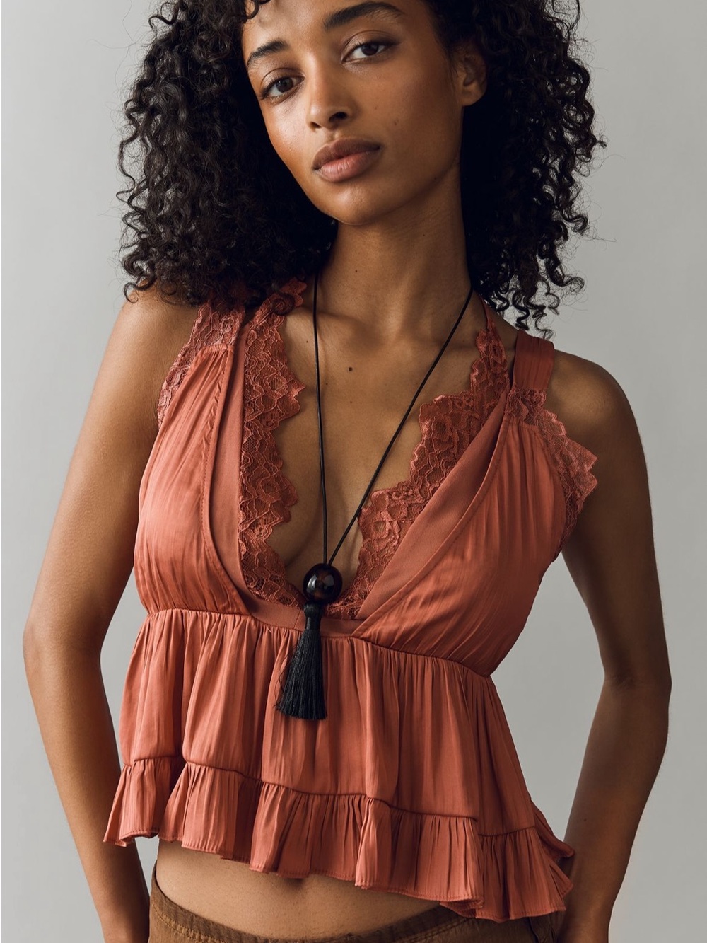 Anthropologie Rust Lace-Trim Ruffle Cami